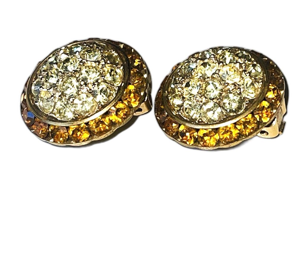 Gold Domed Rhinestone Earrings Citrine And Amber Colored Clip On 0ne Inch